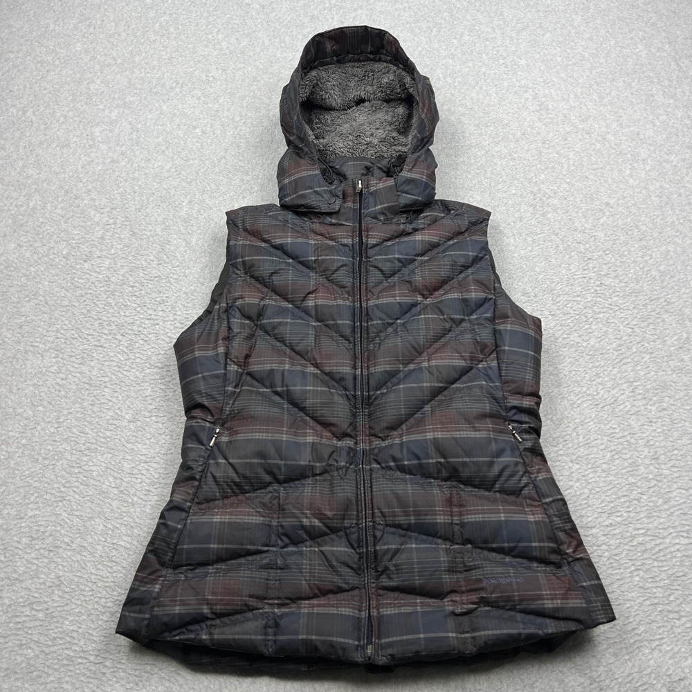 Patagonia Down With It Vest Womens Medium Multicolor Plaid Hooded Puffer 28395